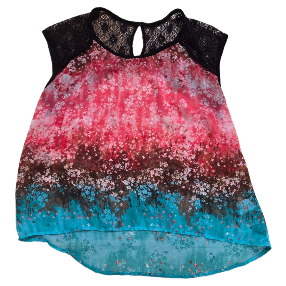 Bright Watercolor Print Sheer Mesh Tank Top With Lace Keyhole Back Size XS
